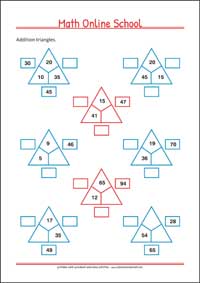 Math Triangle - Adding numbers up to 100 - Free Printable 2nd Grade Math Worksheet for Kids