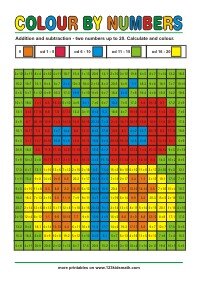 Adding and Subtracting up to 20 - Free printable Calculate & Color by Number 1st Grade Math Worksheets