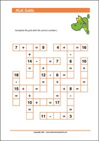 Free Printable Math Riddle - Worksheet on Addition and Subtraction up to 20 (PDF)