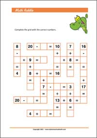 Free Printable Math Riddle - Worksheet on Addition and Subtraction up to 20 (PDF)