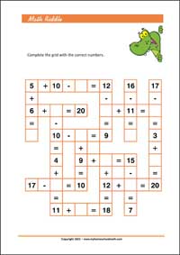 Free Printable Math Riddle - Worksheet on Addition and Subtraction up to 20 (PDF)
