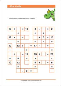 Free Printable Math Riddle - Worksheet on Addition and Subtraction up to 20 (PDF)