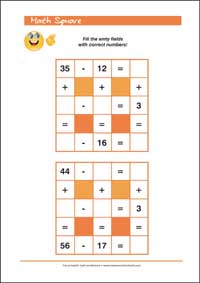 Math Square Addition and Subtraction  - Free Printable 2nd Grade Math Worksheet for Kids