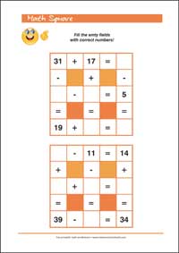 Math Square Addition and Subtraction  - Free Printable 2nd Grade Math Worksheet for Kids