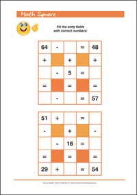 Math Square Addition and Subtraction  - Free Printable 2nd Grade Math Worksheet for Kids