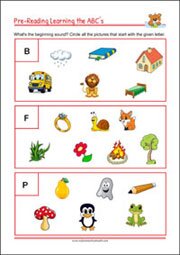 Printable Pre-Reading Initial Sound Worksheet for kindergarten and 1st grade Kids