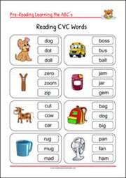 Pre-Reading Printables - Reading CVC Words for for kindergarten and 1st grade Kids, Literacy Activities
