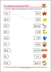 Pre-Reading Printables - Connect the syllables for kindergarten and 1st grade Kids, Literacy Activities