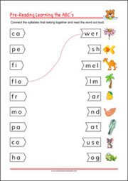 Pre-Reading Printables - Connect the syllables for kindergarten and 1st grade Kids, Literacy Activities