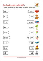 Pre-Reading Printables - Connect the syllables for kindergarten and 1st grade Kids, Literacy Activities