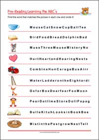 Pre-Reading Printables - Word Searching Exercise for kindergarten and 1st grade Kids