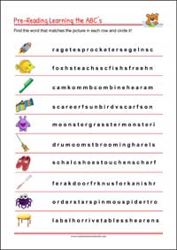 Pre-Reading Printables - Word Searching Exercise for kindergarten and 1st grade Kids
