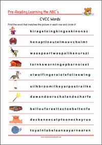 Pre-Reading Printables - Word Searching Exercise for kindergarten and 1st grade Kids