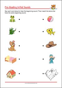 Pre-Reading Printables - Match the Inital Sounds for kindergarten and 1st grade Kids