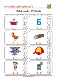 Pre-Reading Printables - Match the Medial Sounds for kindergarten and 1st grade Kids