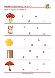 Printable Pre-Reading Initial Sound Worksheet for kindergarten and 1st grade Kids