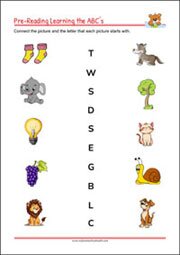 Printable Pre-Reading Initial Sound Worksheet for kindergarten and 1st grade Kids