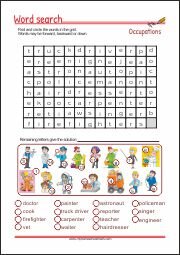 Themed Word Search Puzzle - Occupations - Free Printable Worksheet for Kids
