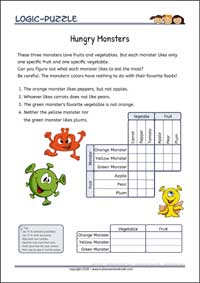 Hungry Monsters - Logic Grid Puzzles for Kids Hungry Monsters - Free Printable Challenging Logic Grid Puzzles Worksheet for children