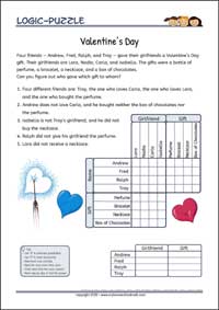 Valentine's Day - Logic Grid Puzzles for Kids Valentine's Day - Free Printable Challenging Logic Grid Puzzles Worksheet for children
