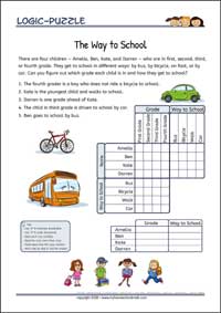 The Way to School - Logic Grid Puzzles for Kids The Way to School - Free Printable Challenging Logic Grid Puzzles Worksheet for children