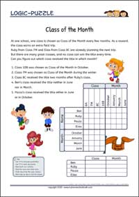 Class of the Month - Logic Grid Puzzles for Kids Class of the Month - Free Printable Challenging Logic Grid Puzzles Worksheet for children