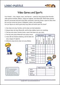 Video Games and Sports - Logic Grid Puzzles for Kids Video Games and Sports - Free Printable Challenging Logic Grid Puzzles Worksheet for children