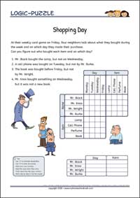 Shopping Day - Logic Grid Puzzles for Kids Shopping Day - Free Printable Challenging Logic Grid Puzzles Worksheet for children