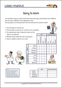 Going to Work - Logic Grid Puzzles for Kids Going to Work - Free Printable Challenging Logic Grid Puzzles Worksheet for children
