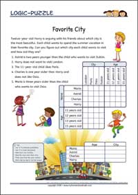 Favorite City - Logic Grid Puzzles for Kids Favorite City - Free Printable Challenging Logic Grid Puzzles Worksheet for children