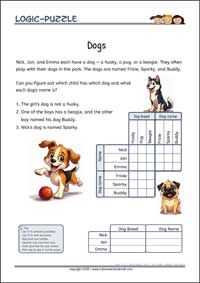 Dogs - Logic Grid Puzzles for Kids Dogs - Free Printable Challenging Logic Grid Puzzles Worksheet for children
