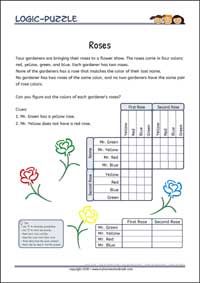 Roses - Logic Grid Puzzles for Kids Roses - Free Printable Challenging Logic Grid Puzzles Worksheet for children