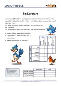 Birdwatching - Logic Grid Puzzles for Kids Birdwatching - Free Printable Challenging Logic Grid Puzzles Worksheet for children
