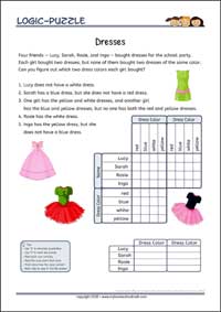 Dresses - Logic Grid Puzzles for Kids Dresses - Free Printable Challenging Logic Grid Puzzles Worksheet for children