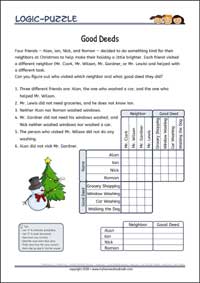 Good Deeds - Logic Grid Puzzles for Kids Good Deeds - Free Printable Challenging Logic Grid Puzzles Worksheet for children