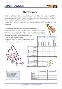 The Students - Logic Grid Puzzles for Kids The Students - Free Printable Challenging Logic Grid Puzzles Worksheet for children