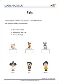 Pets - Logic Puzzles for Kids (Easy) Pets - Free Printable Logic Puzzles Worksheet for children for training logical thinking