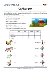 On the Farm - Logic Puzzle for Kids (Easy) On the Farm - Free Printable Logic Puzzle Worksheet for children for training logical thinking