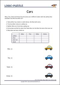 Cars - Logic Puzzle for Kids (Easy) Cars - Free Printable Logic Puzzle Worksheet for children for training logical thinking