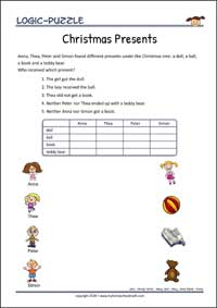 Christmas Presents - Logic Puzzle for Kids (Easy) Christmas Presents - Free Printable Logic Puzzle Worksheet for children for training logical thinking