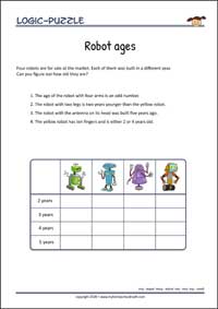 Robot ages - Logic Puzzle for Kids (Easy) Robot ages - Free Printable Logic Puzzle Worksheet for children for training logical thinking