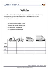 Vehicles - Logic Puzzle for Kids (Easy) Vehicles - Free Printable Logic Puzzle Worksheet for children for training logical thinking