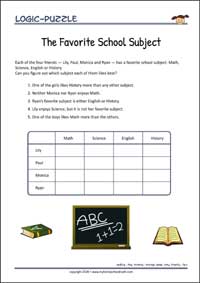 School subjects - Logic Puzzle for Kids (Easy) School subjects - Free Printable Logic Puzzle Worksheet for children for training logical thinking
