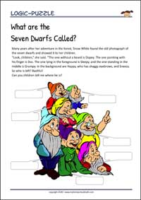 Seven Dwarfs - Logic Puzzle for Kids (Easy) Seven Dwarfs - Free Printable Logic Puzzle Worksheet for children for training logical thinking