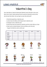 Valentine's Day - Logic Puzzle for Kids (Easy) Valentine's Day - Free Printable Logic Puzzle Worksheet for children for training logical thinking
