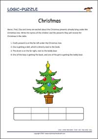 Christmas - Logic Puzzle for Kids (Easy) Christmas - Free Printable Logic Puzzle Worksheet for children for training logical thinking