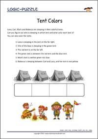 Tent Colors - Logic Puzzle for Kids (Easy) Tent Colors - Free Printable Logic Puzzle Worksheet for children for training logical thinking