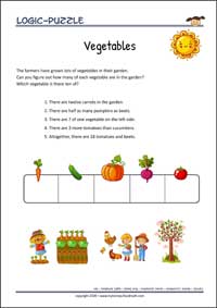 Vegetables - Logic Puzzle for Kids (Easy) Vegetables - Free Printable Logic Puzzle Worksheet for children for training logical thinking