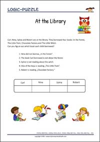 At the Library - Logic Puzzle for Kids (Easy) At the Library - Free Printable Logic Puzzle Worksheet for children for training logical thinking
