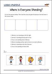 Where Is Everyone Standing? - Logic Puzzle for Kids (Easy) Where Is Everyone Standing? - Logic Puzzle for Kids (Easy) Free Printable Logic Puzzle Worksheet for children for training logical thinking